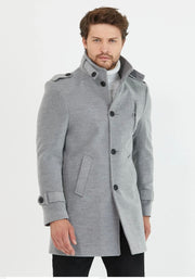 [Tommy] Grey-Single Breasted 100% Wool Pea Coat