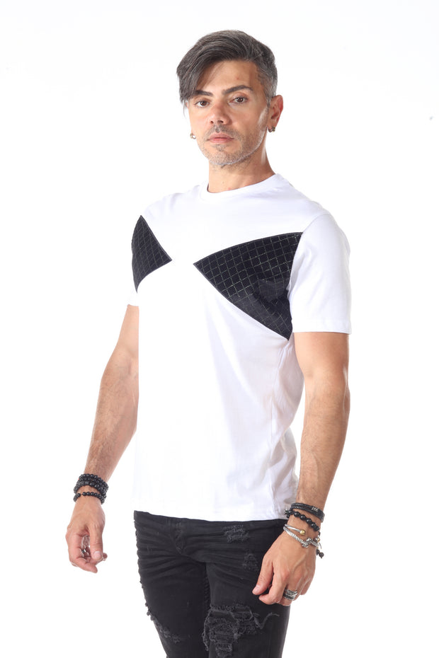 White & (Available In Black) Tshirt With Black Velvet Triangle On Chest With Small Dark Green Stone Details