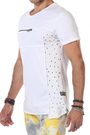 White Distress Tshirt With Zip On Chest and Holes on Side