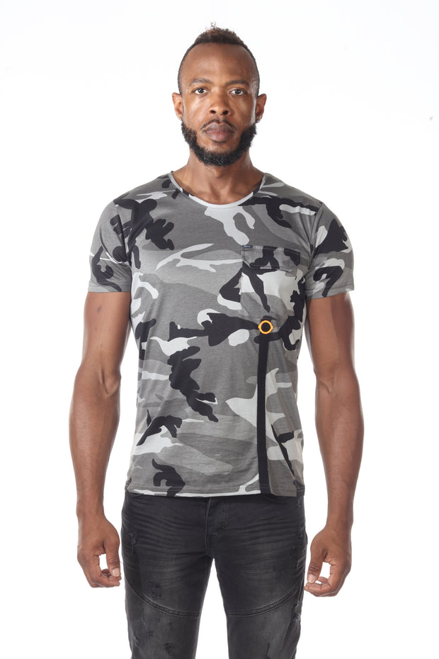 Camo Grey Fashion Tshirt with orange Ring Detail Below Pocket