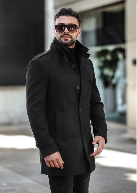 [Tommy] Black Single-Breasted Pea Coat -100% Wool