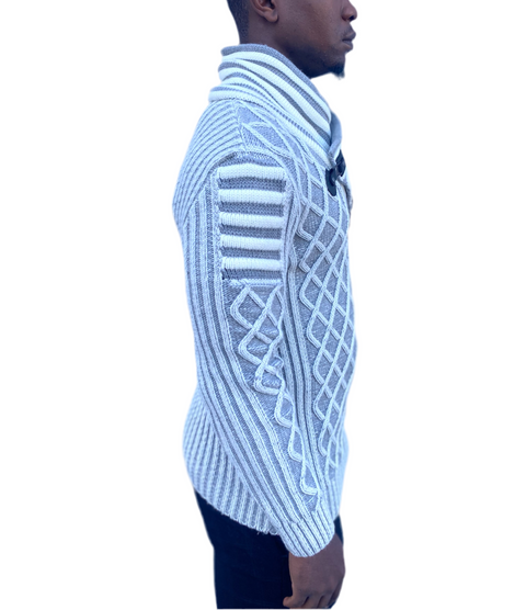 White Shawl-Collar Sweater Pull Over with Double Buckle On Neck