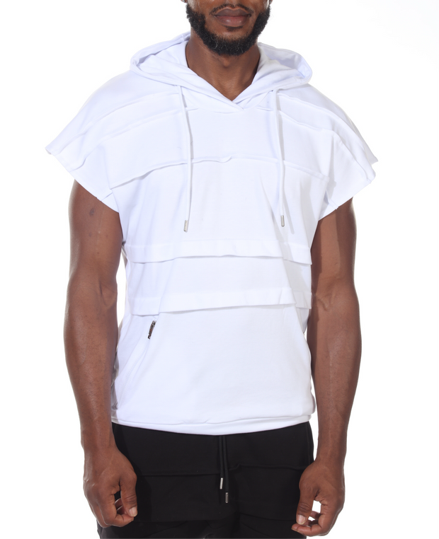 White Oversize Sleeveless Hoody With Layer Stitching Going Across Chest