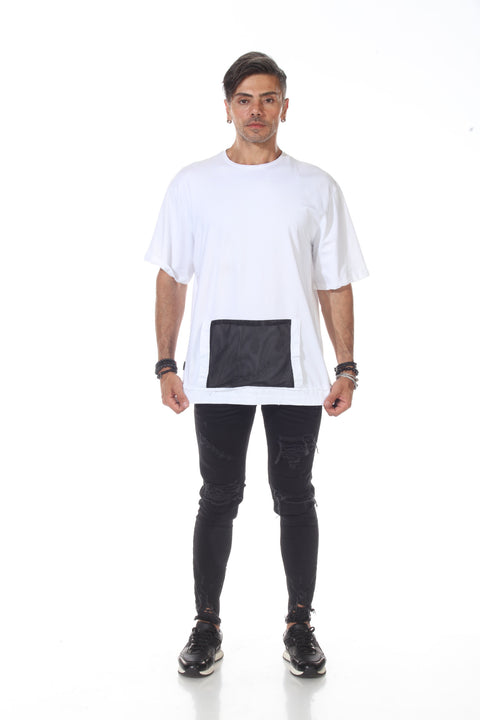 White Oversize Tshirt with Mesh Fabric  Front Pockets