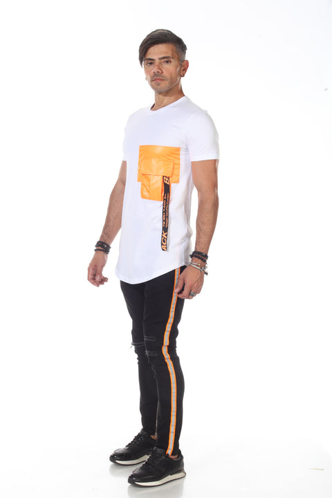 White Fashion T shirt With Orange Pocket & Band