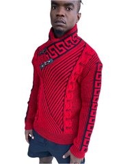 "Stephan" Red Long Sleeve Sweater Pull Over with Buckle On Neck