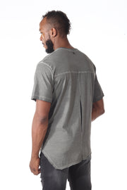 Oversize Grey Extended Leather Tide wash Tshirt With Diagonal Cut and Double Stitch Piping Going Across Body & with Detail On Back