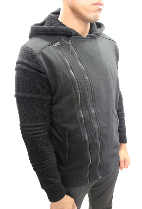 "Grant" Black Double Zipper Hoodie With Wool Sleeves And Hood