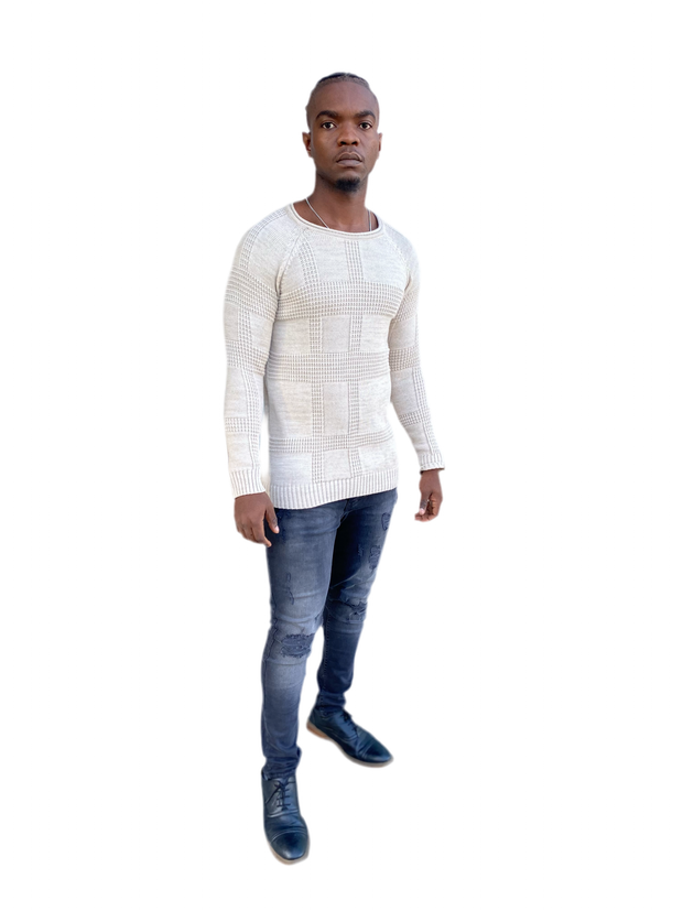 [Josie] Beige Light Weight Knitted Crew Neck With Pattern