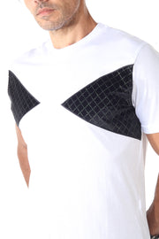 White & (Available In Black) Tshirt With Black Velvet Triangle On Chest With Small Dark Green Stone Details