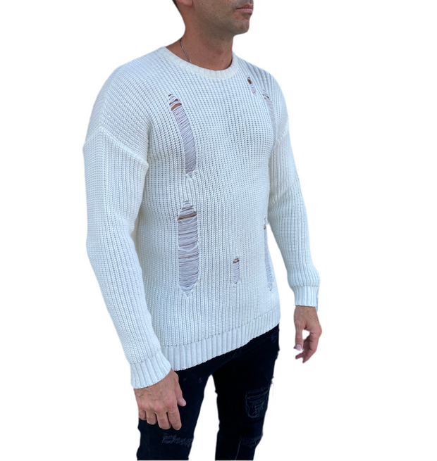 [Marvin] White Distressed Light  Weight Knitted Crew Neck