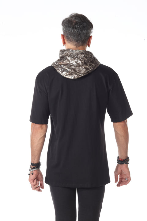 Black Oversize T-shirt With Foil Hoodie And Pocket