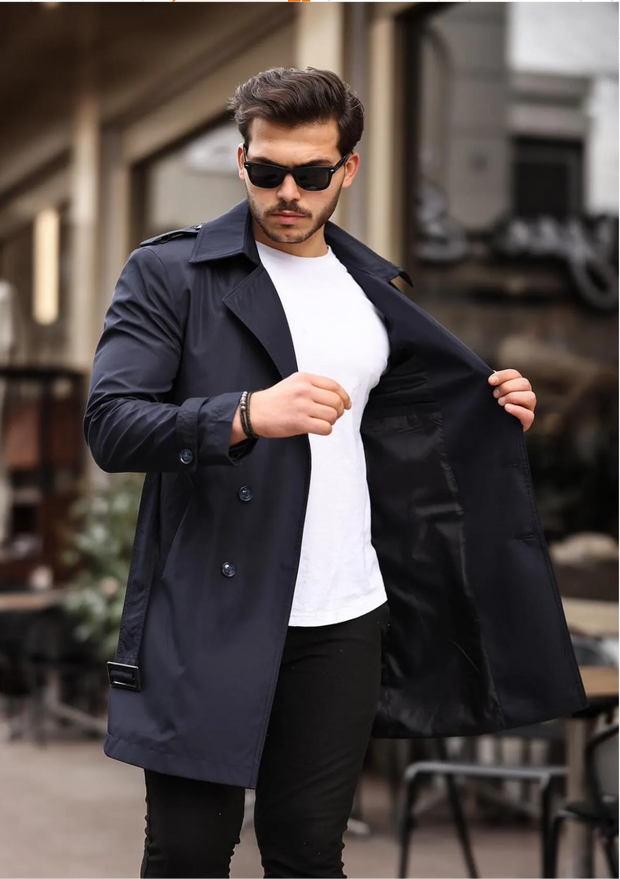 [Chicago]-Navy Double Breasted Water Repellent Trench Coat