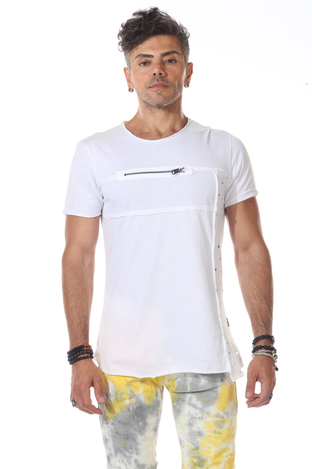 White Distress Tshirt With Zip On Chest and Holes on Side