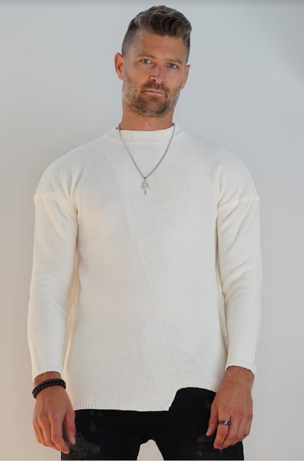 "[Adrian]" White Crew Neck Knitted Light Weight Fashion Sweater