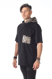 Black Oversize T-shirt With Foil Hoodie And Pocket