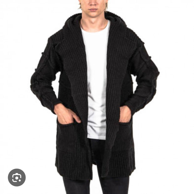 "Dimo" Charcoal Black Fashion Sweater Cardigan With Hood