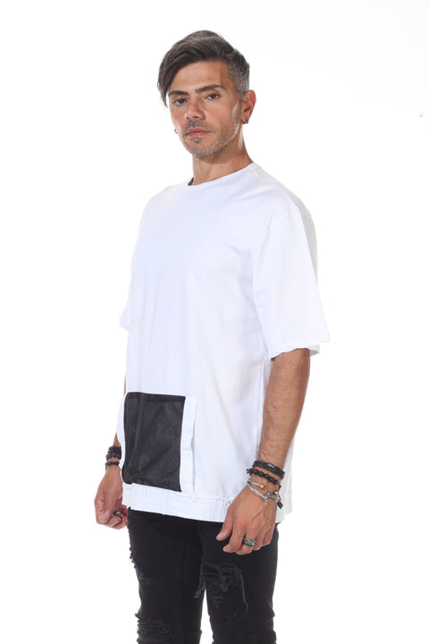 White Oversize Tshirt with Mesh Fabric  Front Pockets