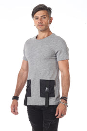 Grey Fashion Tshirt With Two Black Pockets And Strap