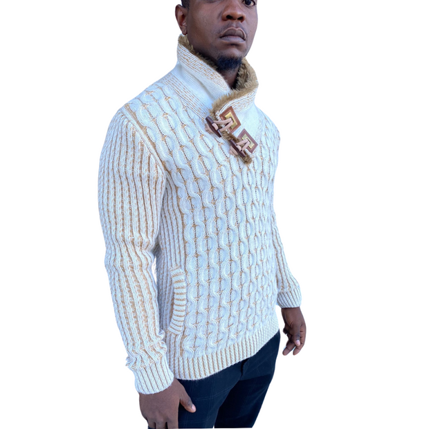 “Ezra” White Wool Shawl Collar Sweater with Fur and Leather Wood Buttons