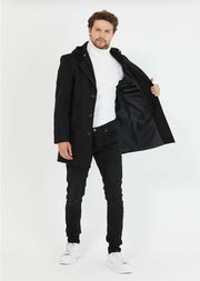 [Drew] Black-Single Breasted 100% Wool Pea Coat With Removable Hood