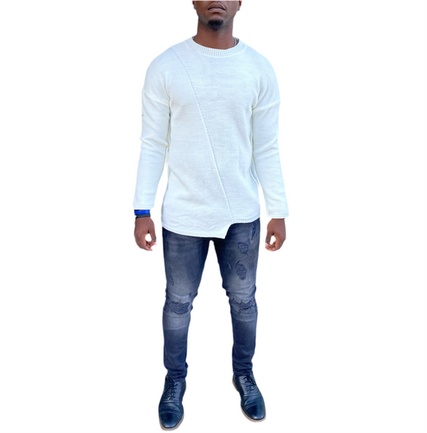 "[Adrian]" White Crew Neck Knitted Light Weight Fashion Sweater