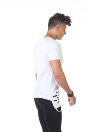 White Fashion Laser Cut Extended Tshirt With Black Strap Hanging and Loops With a Diagonal Cut In The Front Right