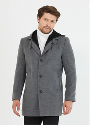 [Drew] Charcoal Grey Single-Breasted Pea Coat with Removable Hood 100% Wool