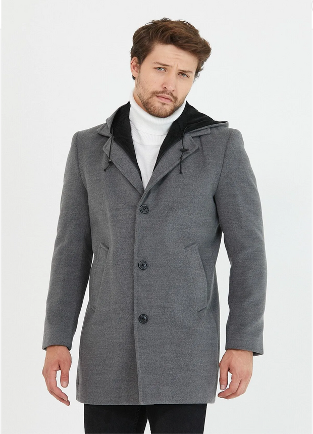 [Drew]Charcoal Grey -Single Breasted 100% Wool Pea Coat With Removable Hood