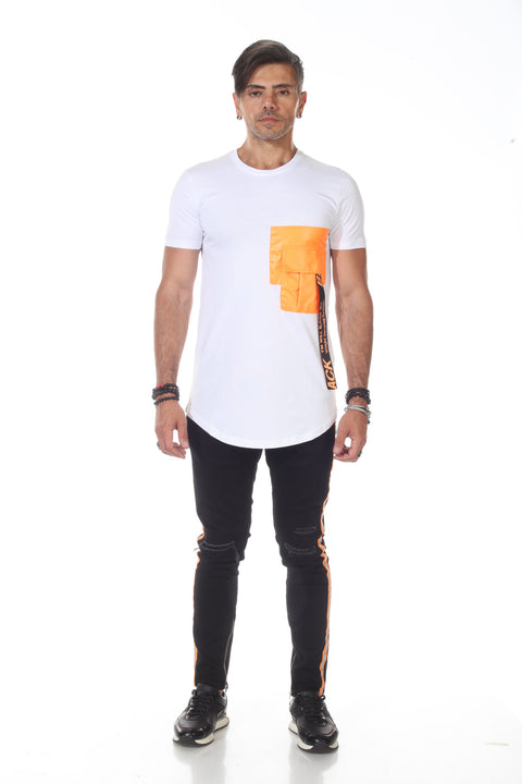 White Fashion T shirt With Orange Pocket & Band