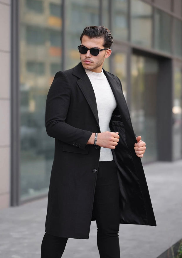 [John Shay] Black-Long Single Breasted 100% Wool Pea Coat