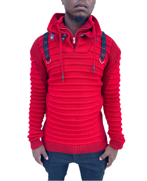 Red Fashion Long Sleeve Sweater Pull Over with Double Zip and Buckle On Neck