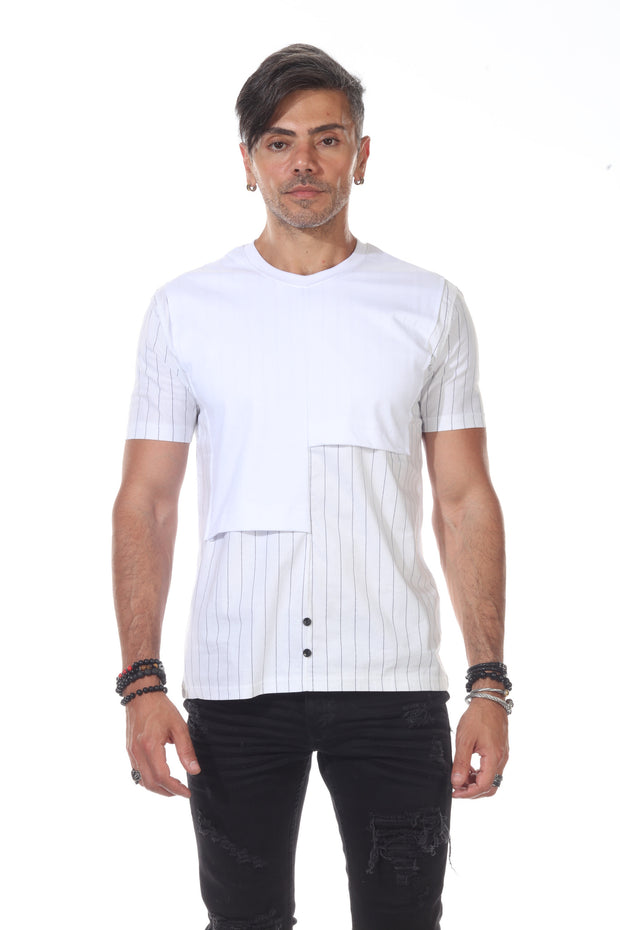 White Fashion T shirt With Pinstripes and Button