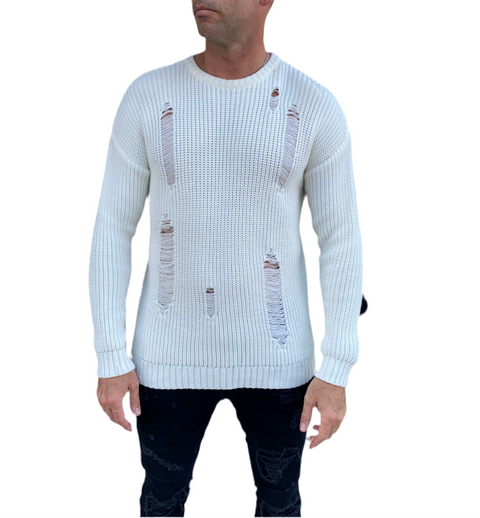 [Marvin] White Distressed Light  Weight Knitted Crew Neck