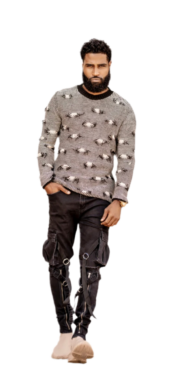 "Ervin" Black Light Weight Crew Neck Knitted With a Distressed Look