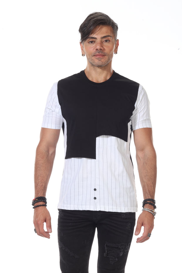 Black Fashion T shirt With Pinstripes and Button