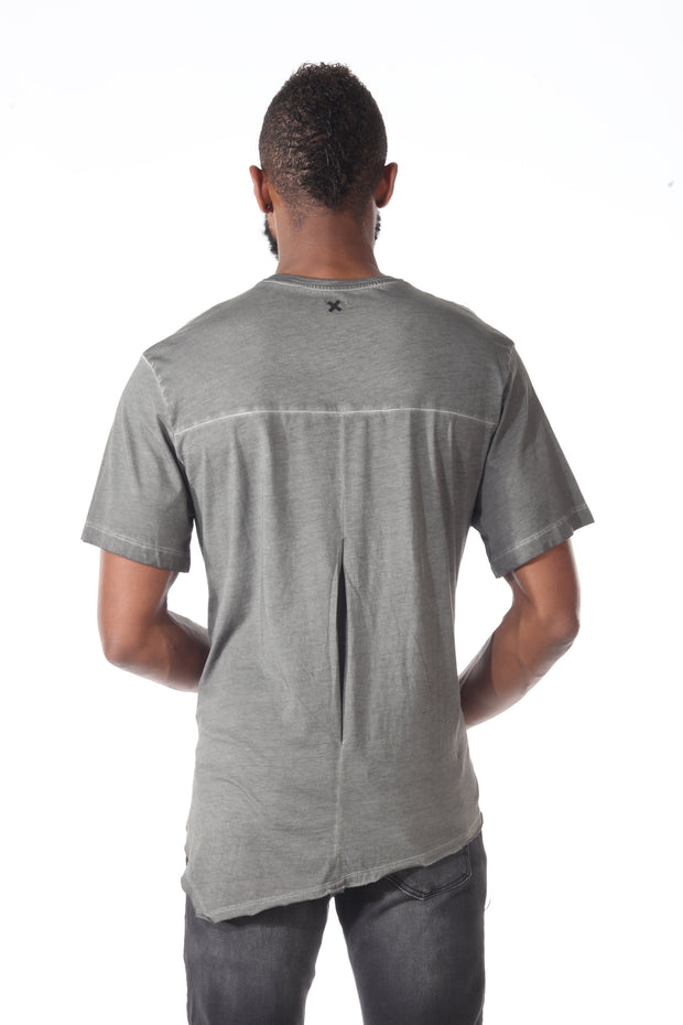 Oversize Grey Extended Leather Tide wash Tshirt With Diagonal Cut and Double Stitch Piping Going Across Body & with Detail On Back