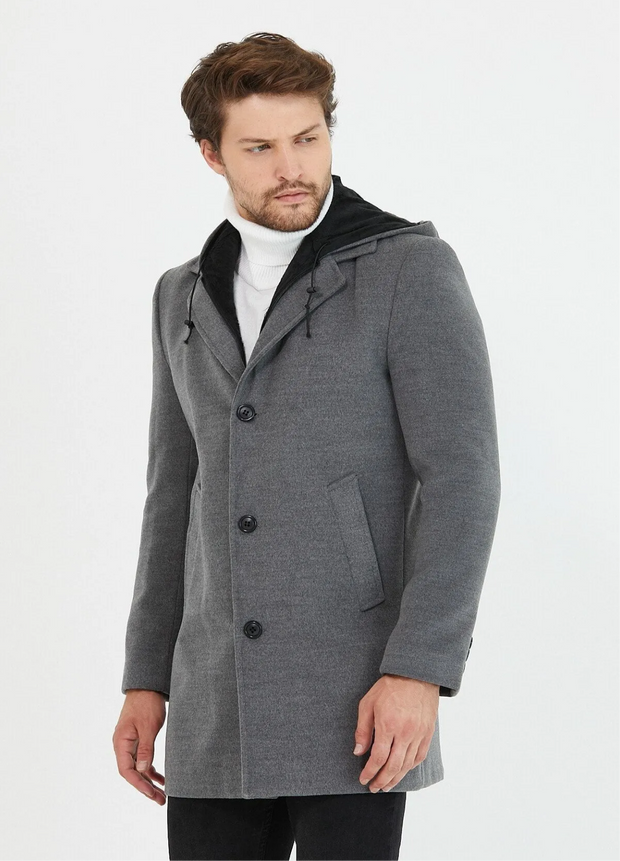 [Drew] Charcoal Grey Single-Breasted Pea Coat with Removable Hood 100% Wool