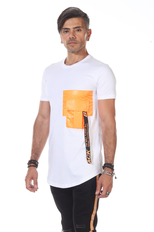 White Fashion T shirt With Orange Pocket & Band