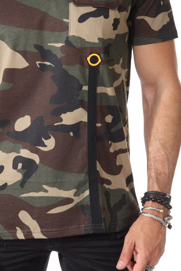 Camo Olive Fashion Tshirt with orange Ring Detail Below Pocket