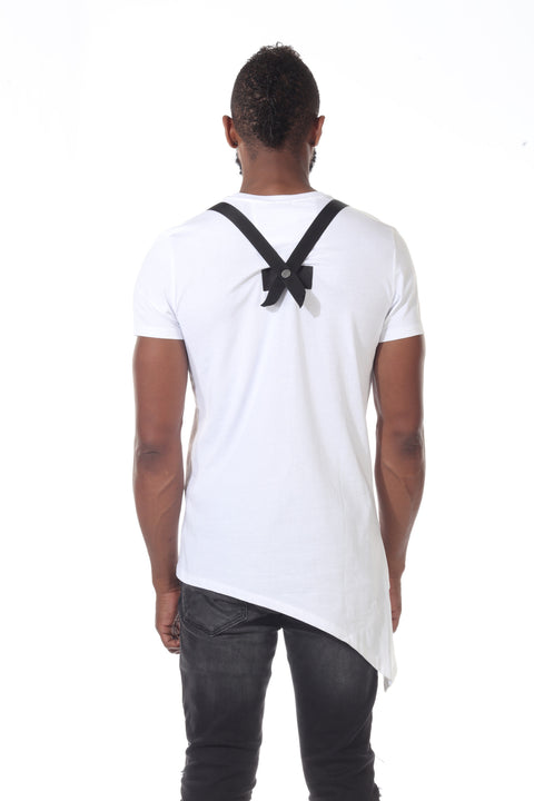 White Extended Fashion Tshirt With Diagonal Cut On Bottom With Black Straps On Shoulder