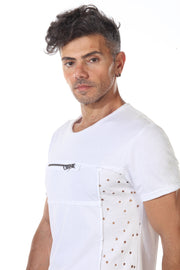 White Distress Tshirt With Zip On Chest and Holes on Side