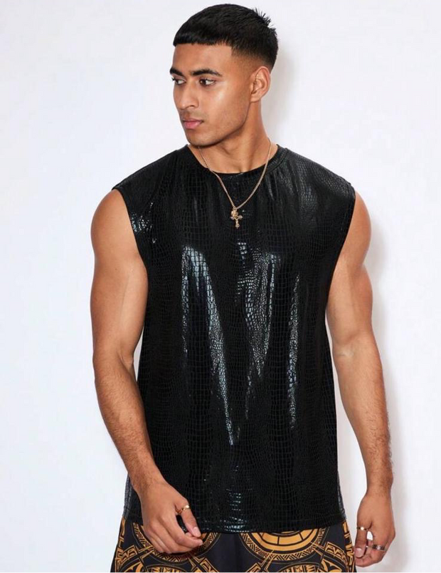 Festival Black Sleeveless Shiny Disco Tshirt