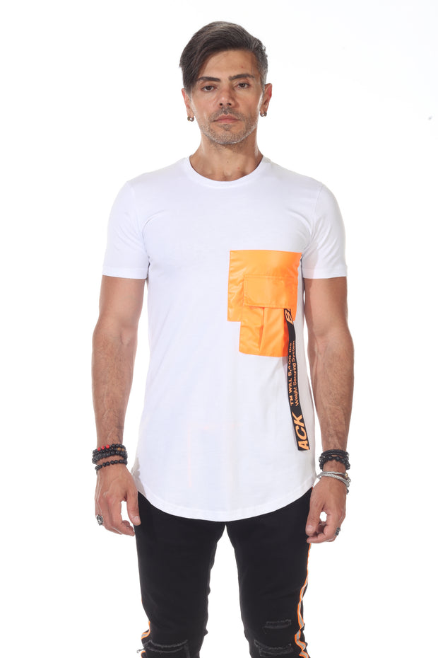 White Fashion T shirt With Orange Pocket & Band