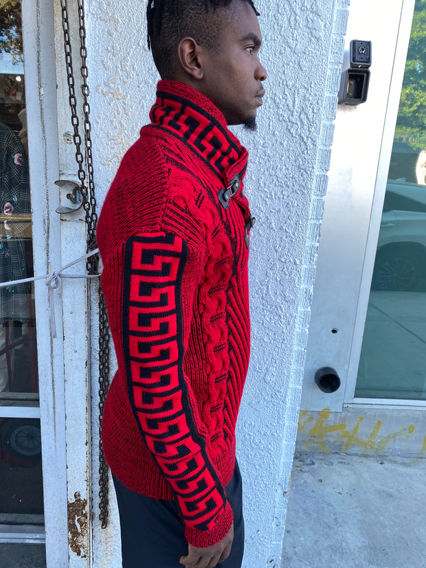 "Stephan" Red Long Sleeve Sweater Pull Over with Buckle On Neck