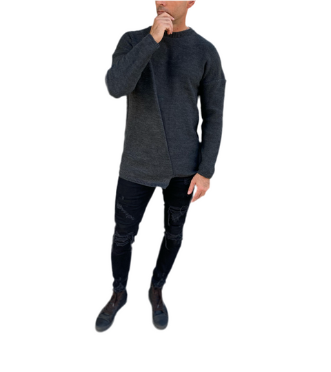 [Adrian] Charcoal Grey Knitted Crew Neck Light Weight Sweater