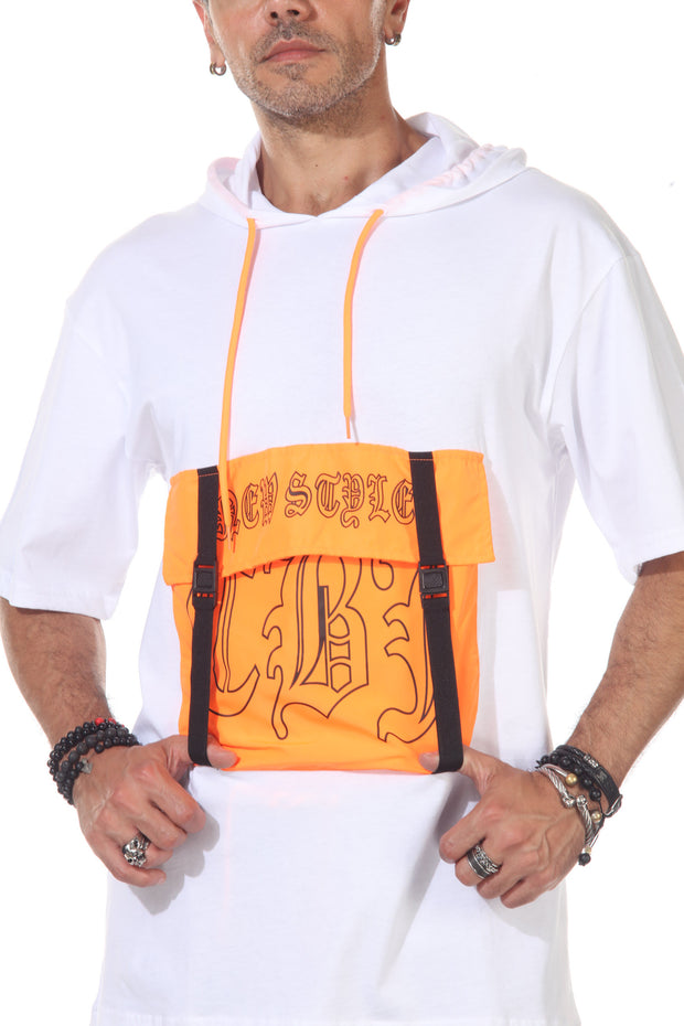 White Oversize Hoodie Tshirt With Orange Neon Front Pocket and straps