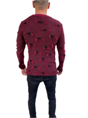 [Ervin] Distressed Look Burgundy Lightweight Knitted Crew Neck