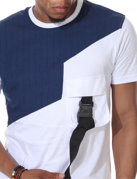 White & (Available In Black)Tshirt With Navy Blue Pin Stripes With Strap On Pocket