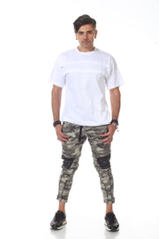 White Oversize Tshirt With Piping Layers Going Across Chest With Pocket on Side